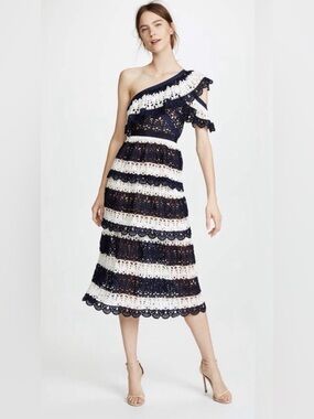 Self Portrait One-Shouldered Crochet Midi Dress Navy White Stripe S Wedding